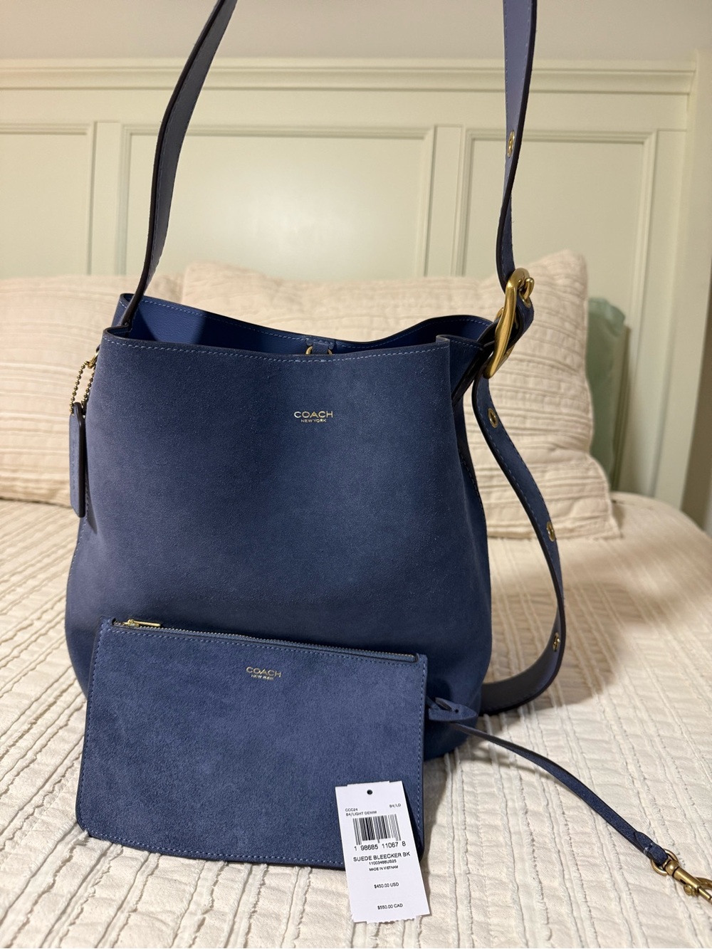 Coach Bleecker Suede Bucket Bag in Denim with Wristlet